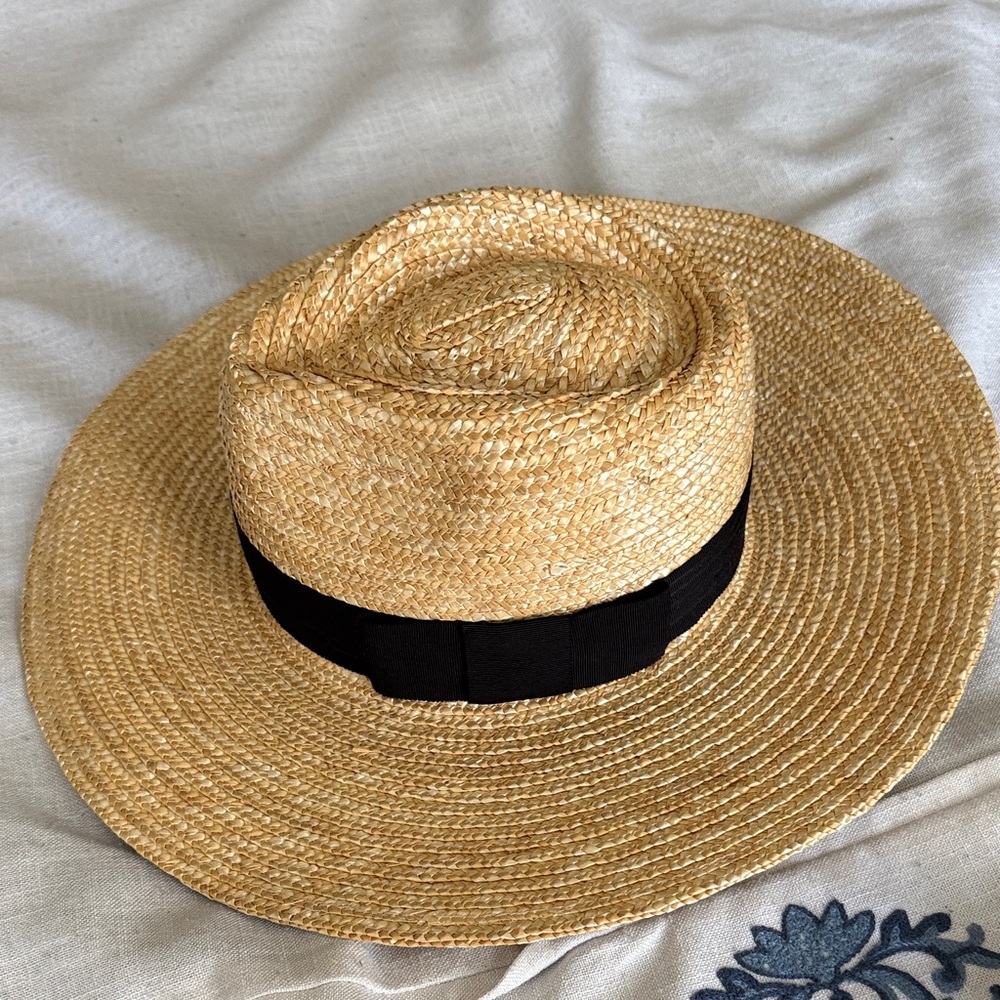 Brixton Natural Straw Boater Hat with Black Band